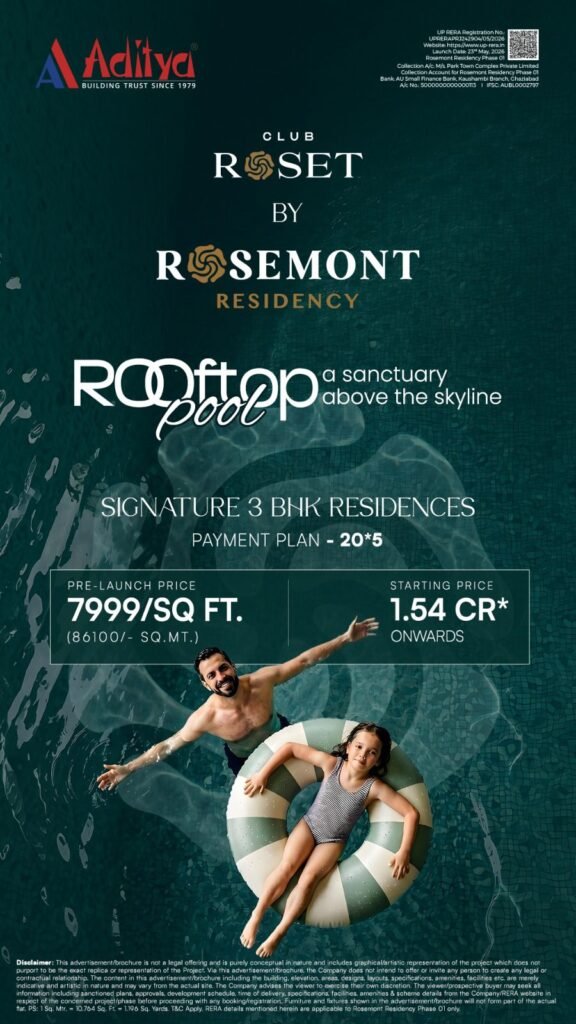 Advertisement poster for Rosemont Residency with a pool scene; man and child on an inflatable ring, price text shows 7999/SQ FT and starting price 1.54 CR, promotional layout